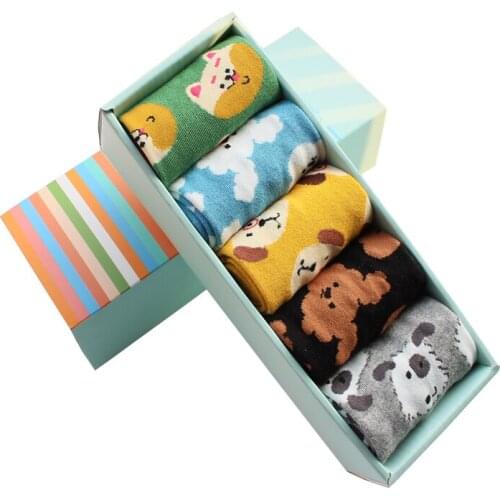 New arrival 2021 fashion cartoon socks gift box 5pairs/pack autumn-winter animal socks ladies and womens funny cotton sock set