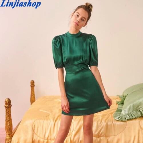 Summer Women mini dress satin green short sleeves puff sleeves female fashion new femme vestidos