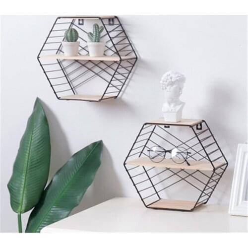 Nordic Simple Strip Holder Hexagon Shelf Metal Wooden Wall Hanging Rack Home Wall Decoration Storage Organizer Table Rack Decor