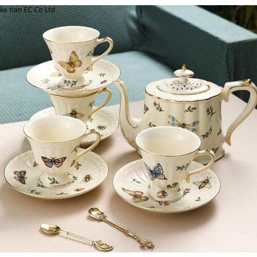 New European style flower tea coffee cup saucer pot set butterfly dragonfly pastoral retro style set home afternoon tea cup