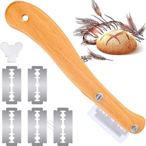 Bread Lame Wooden Handle Bread Slashing Tool Dough Scoring Knife with 5 Pieces Blades for Bread DIY Making Kitchen Accessories
