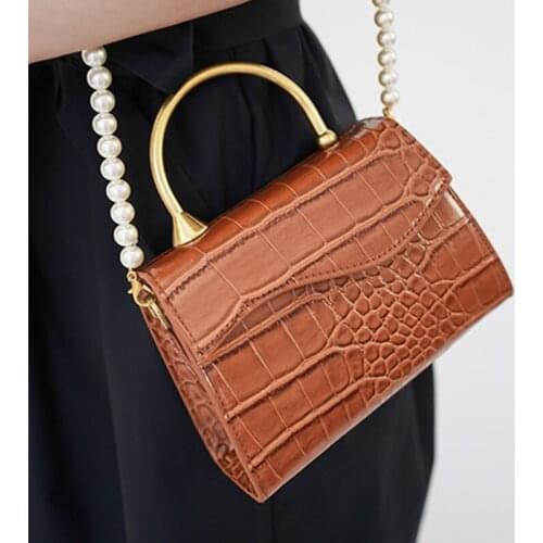 Luxury Lady Crocodile Bag Elegant Good Quality Small Purse Women Handbag Acrylic Pearl Chain Shoulder Strap