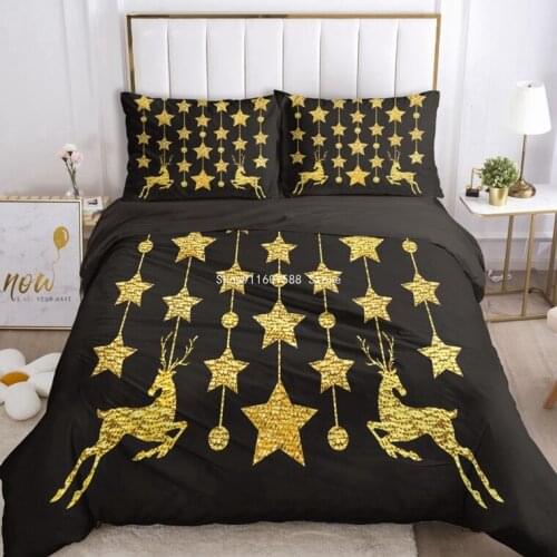 Christmas Printed Bedding Set Gold Deer And Star Pattern Cartoon Childrens Duvet Cover Bedding Bedroom Set Queen Size 3Piece