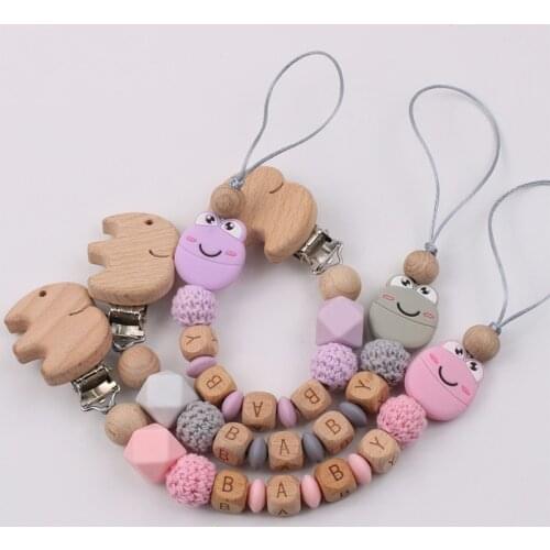 Cartoon Frog Silicone Pacifier Chain, Baby Beech Wood Clip Teether Chain, Toy Anti-Drop Environmental Protection Chain