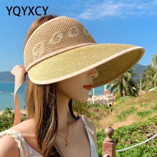 YQYXCY Summer Hats For Women Outdoor Sunshade Straw Hat Empty Top Visor Letter Printing Foldable Sun Protection Wide Brim Sunhat