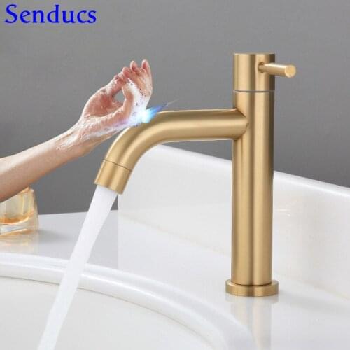Touch Faucet Senducs Gold Single Cold Basin Faucet Automatic Sensor Bathroom Mixer Tap Stainless Steel Touch Gold Basin Faucet