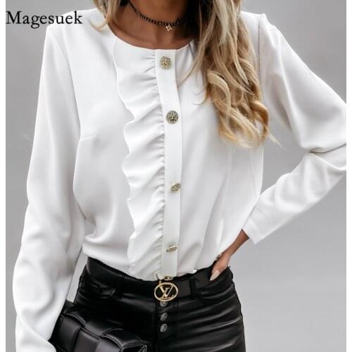 Chiffon Women Blouse and Tops Button Up Shirt Office Lady White Shirts Spring Autumn Long Sleeve O Neck Plus Size Clothes 12687