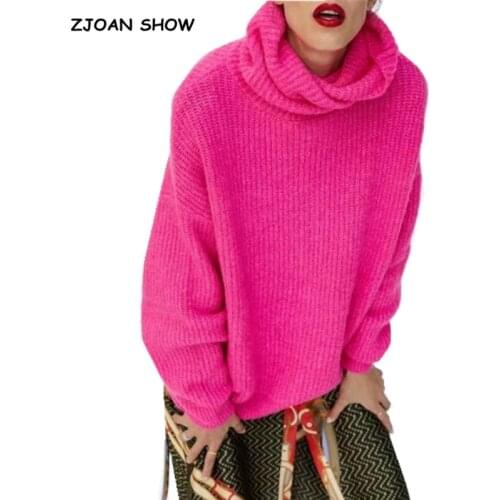 Stylish Striped Line Fluorescent Hot Pink Pullover Sweater 2018 Autumn Women Turtleneck Long sleeve Long Knitwear Jumper Tops