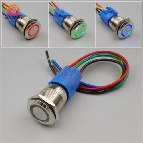 19mm Self-locking Waterproof Metal Push Button Switch With LED light Red Blue Green Momentary switch + Connector