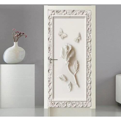 3D Door Sticker European Style Stereo Rose Butterfly Wallpaper Living Room Bedroom Creative DIY Wall Decor PVC Self-Adhesive 3 D