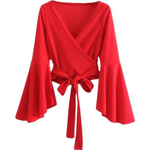 2020 Spring Autumn New Blouse Women Slim Flare Sleeve V Neck Sexy Tops Ladies Lace up White Shirts Vintage Blouses Women G185