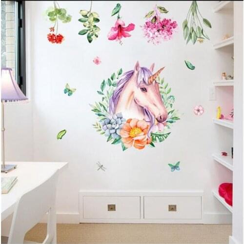 Unicorn Bird Flower Plant Wall Stickers For Kids Room Children Bedroom Living Room Wall Decal Poster Mural