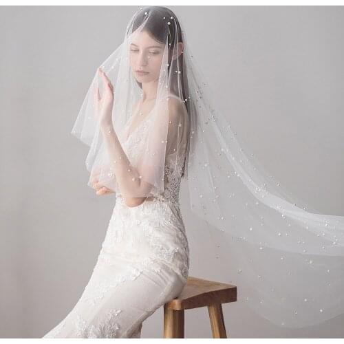 Beaded Pearl Wedding Women Waltz Bridal Veil with Comb Luxury Two-layer Long Tulle Veil Elegant Noble Bride Lady Accessory Ivory