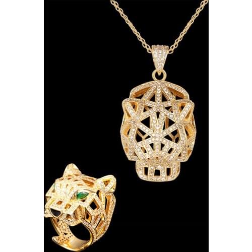 Zlxgirl jewelry gold and rhodium silver palted color leopard pendant and ring jewelry sets fashion women men rings necklace