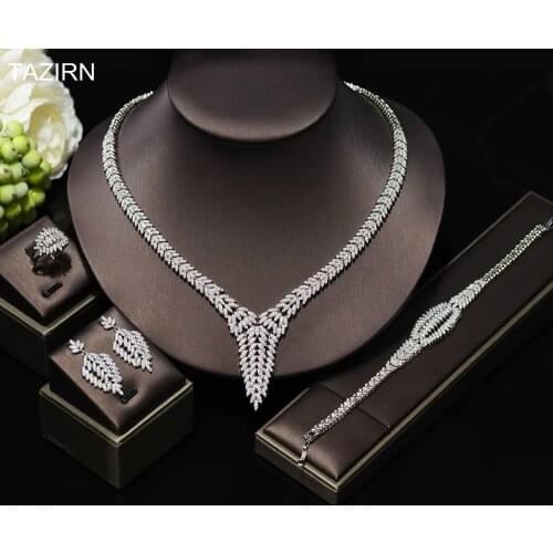 Luxury Cubic Zirconia Bride Jewelry Set 4pcs Necklace Bracelet Earrings Ring African Arabic Wedding Dress Ornaments Women Gifts