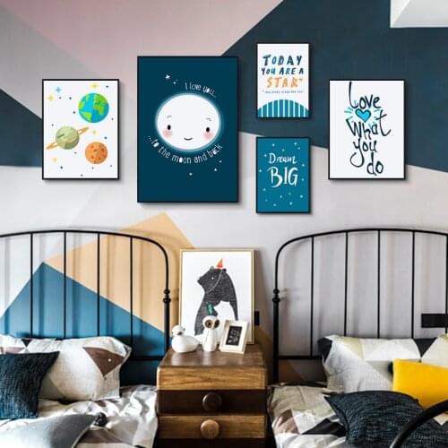 Spaceship Astronaut Universe Planet Cartoon Poster Wall Art Canvas Paintings Nordic Kid Bedroom Pictures Kindergarten Decor