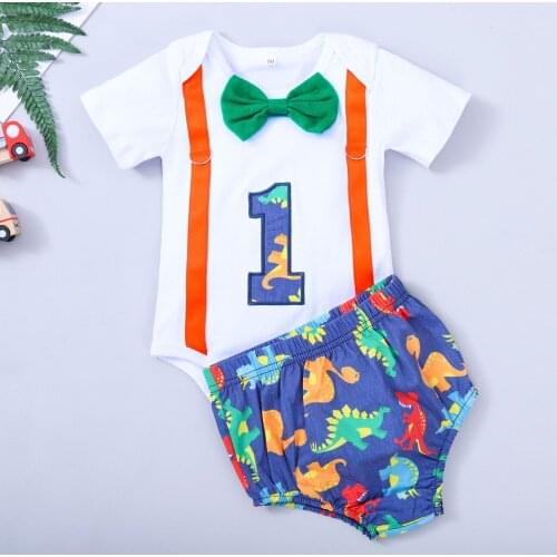 Summer Infant Newborn Baby Boys Letter Printed Short Sleeve Bow Tie 1 Year Birthday Romper Jumpsuit Short pants Outfits Set#p4