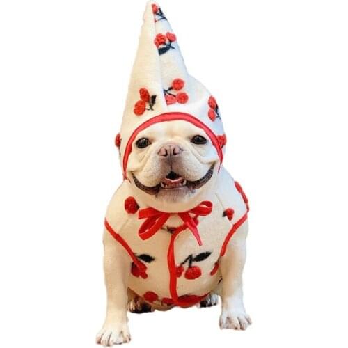 Cute Cherry Dog Vest Winter French Bulldog Clothes Pug Clothing With Hat Cap Poodle Schnauzer Frenchies Dog Costume Pet Outfit
