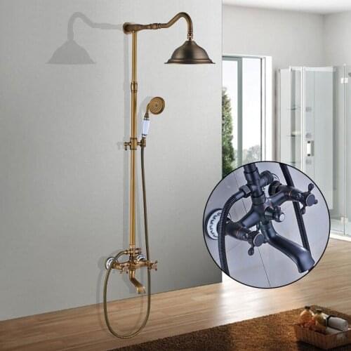 Antique Brass Bathroom Shower Faucets Set 8" Rainfall Shower Handshower Dual Handle Mixer Tap Swivel Tub Spout Crane