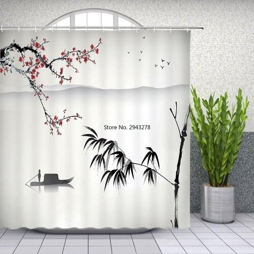 Chinese Style Sketch Decor Shower Curtain Set, Abstract Style Floral Watercolor Style Painting Image Nature Art Waterproof