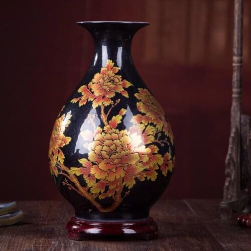 New Chinese Style Vase Jingdezhen Black Porcelain Crystal Glaze Flower Vase Home Decor Handmade Glowing Family Rose Vases
