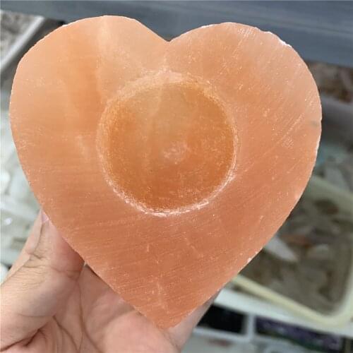 1pcs heart shape Candlestick natural selenite stone yellow gypsum reiki healing crystals Incense container fengshui home decor