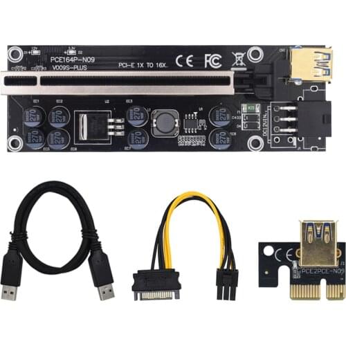 10pcs VER009S Plus PCI-E Riser 009S PCIE 1X to 16X Extender Riser Adapter USB 3.0 Cable SATA to 6pin Power PCI Express Adapter