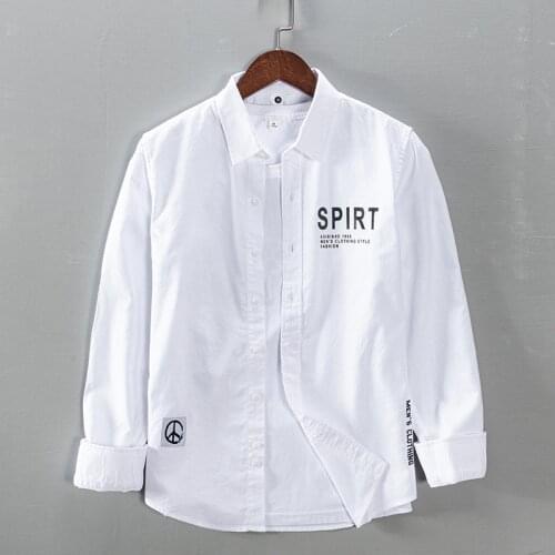 Letter Print Long Sleeve Shirt for Men Pure Cotton Turn-down Collar Tops Japanese Fashion Casual Male Clothing Spring 2021 New