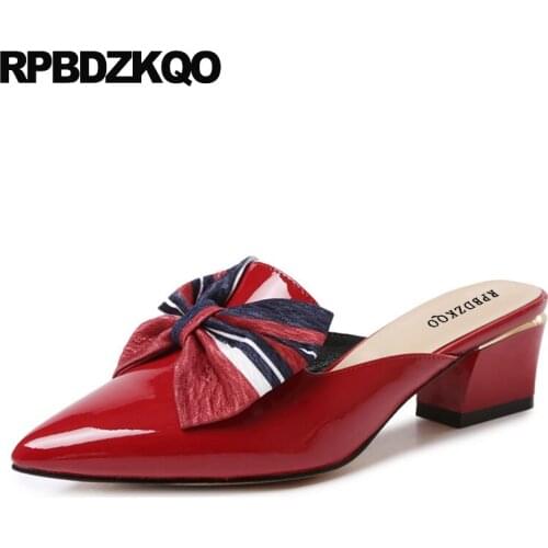 Pointed toe green japanese patent leather autumn medium heels block luxury brand shoes women bow red genuine 2019 pumps thick