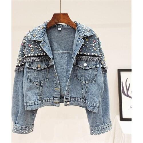 Harajuku Women Denim Jacket Luxury Rivet Tassel Pearl Diamond Long Sleeve Tops Outerwear Spring Autumn Loose Fit Casual Jackets
