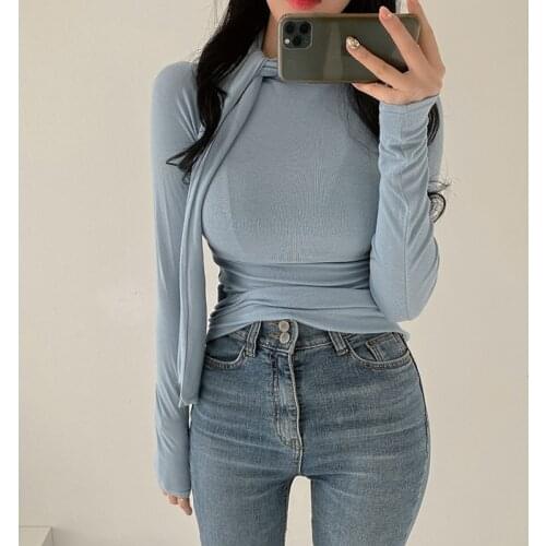 Korean Fashion Scraf Neck Tshirts Women Long Sleeve Sexy Slim Elasticity Cotton Soild Basic T-shirt Woman Tee Shirt Femme Tops