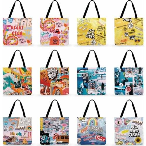 Ladies Shoulder Bag Fashion Pop Printing Tote Bag Casual Foldable Shopping Bag Linen Fabirc Bag Outdoor Beach Bag Daily Hand Bag