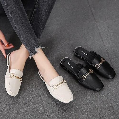 Womens Metallic Buckle Flat Dress Loafer Mules with Elegant PU Leather Plus Size 41-43