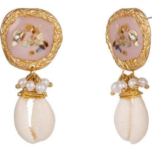 Fashion Women Geometric Color Shells Natural Freshwater Pearl Earring Dangler Vintage Earrings