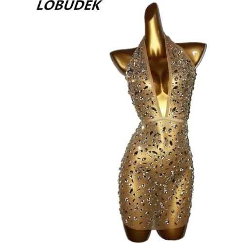 Sexy Deep V Collar See Through Rhinestones Halter Short Dress Women Birthday Prom Evening Party Mesh Outfit Singer Stage Costume