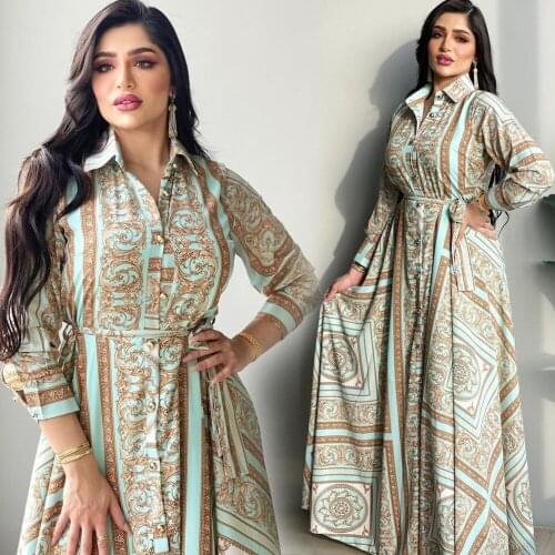 Long Sleeve Print Muslim Dress Women Ethnic Kaftan Collar Shirt Dress Abaya Dubai Caftan Marocain Evening Dresses Djellaba Femme