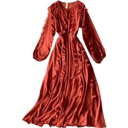 2021 New Vintage Ruffles Dress Women O-neck Long Sleeve High Waist A-Line Chiffon Dress Female Elegant Long Party Dress