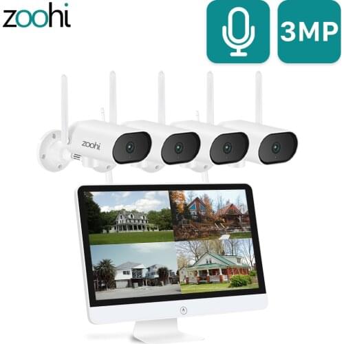 Zoohi 3MP Pan Tilt Audio Wifi Camera 15-Inch Monitor NVR Kit Wireless Surveillance Video System Home Outdoor Security Camera Set