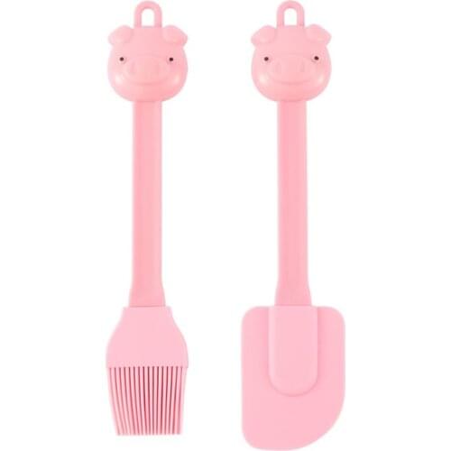 1 Set 2pcs Cute Cartoon Pig Shape Silicone Scraper Brush Kids Baking Tools Supplies Cartoon Pig Silicone Spatula Brush(Pink)