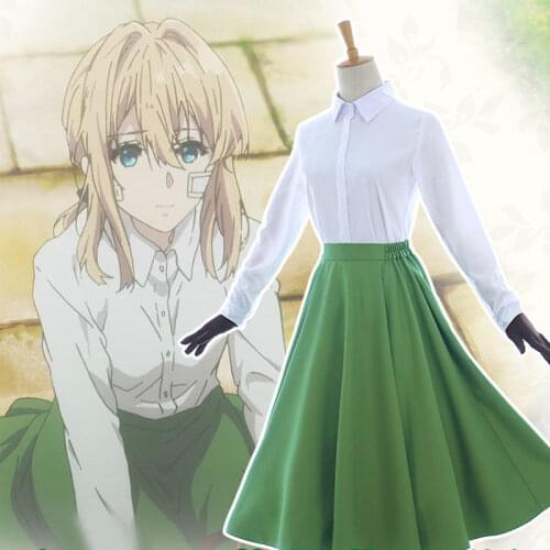 Anime Violet Evergarden Auto Memory Doll Cosplay Costume Outfits White Blouse + Green Dress + Gloves New