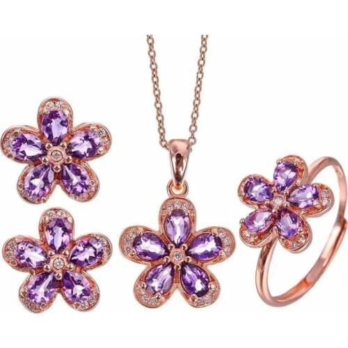 Free Shipping Natural Amethyst jewelry set Natural Real Amethyst 925 sterling silver 1pc pendant,1pc ring ,2pcs Earring