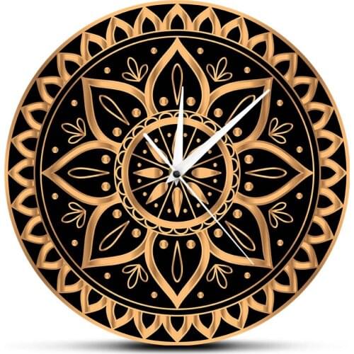 Mandala Ethnic Royal Pattern Vintage Luxury Gold Black Clock Wall Watch Indian Sun Design Yoga Studio Mute Non Ticking Horologe