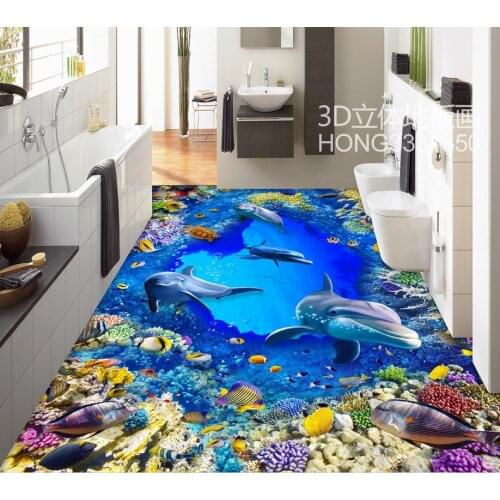 Photo wallpaper mural floor self-adhesive 3D floor PVC waterproof floor 3D Underwater World Dolphin Home Decoration