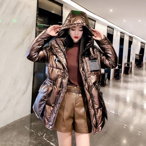 Fashion Glossy Down Cotton Parkas Jacket Women 2021 Winter Coats Long Warm Cotton-padded Coat Female Hooded Cotton Outwear Tops