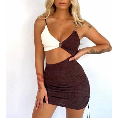 Fashion Summer Women Bikini Bra Cut Out Spaghetti Dress Sexy Strap Backless Contrast Color Mini Bodycon Party Club Sundress