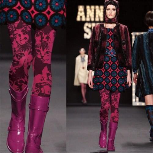 Fashion Big Catwalk Trendy Socks Cute Cat Head Silhouette Printing Pantyhose Autumn and Winter Thick Stockings Women Sexy