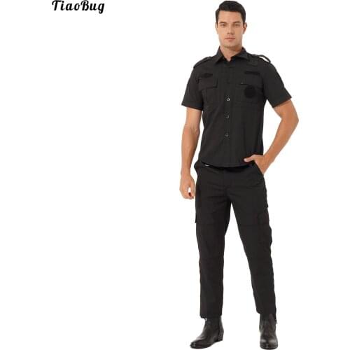 TiaoBug Men Security Guards Uniform Halloween Role Play Cosplay Costume Outfits Short Sleeve Button Down Shirt With Pants