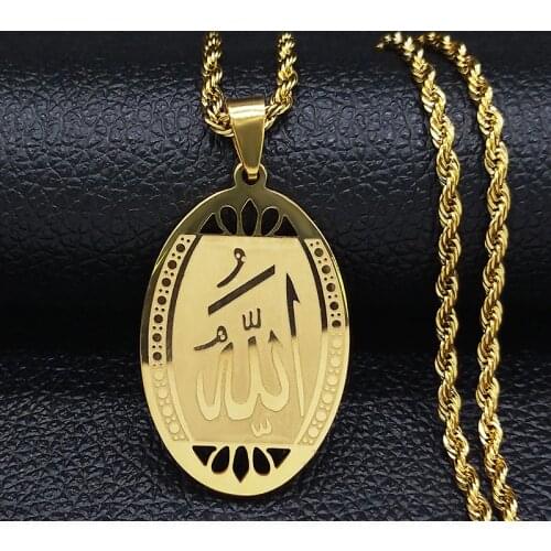 Fashion Allah Crystal Stainless Steel Statement Necklace for Men Gold Color Chain Necklace Jewelry collier homme N1208S02