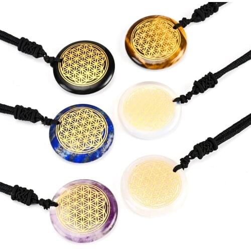 Natural Crystal Semi-Precious Stones Aura Reiki Chakras Healing Pendant Flower Of Life Charm Jewelry Women Necklace