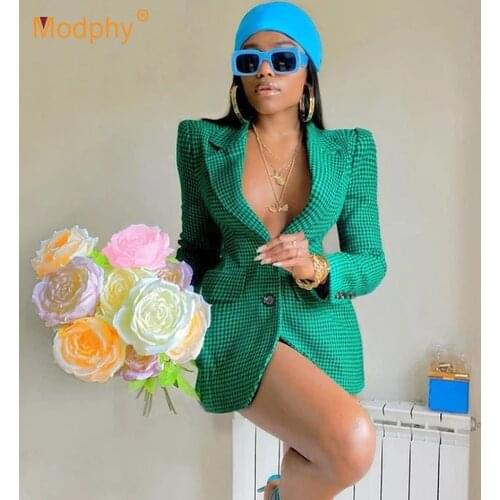 Autumn Winter Blazer Woolen Coat Women Fashion Elegant Single-breasted Houndstooth Green Female Casual Jacket Suit